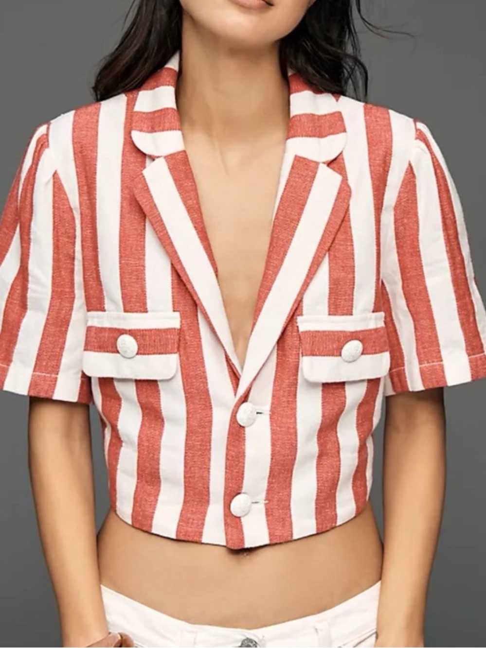 Anthro Maeve Striped Red & White Cropped Blazer Jacket linen flax blend S